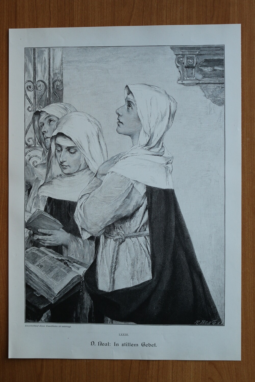 Holzstich nach D Neal 1890-1910 In stillem Gebet Nonnen Kloster Kirche Religion Frauen 26,5 x 37,5 cm