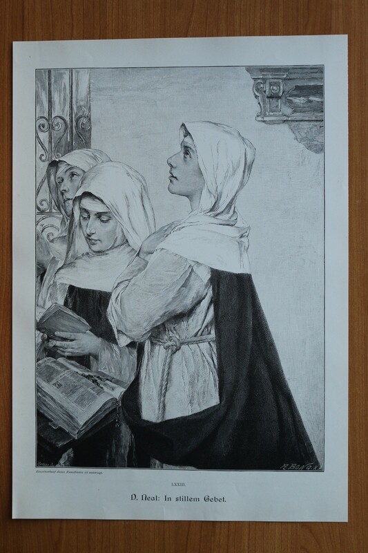 Holzstich nach D Neal 1890-1910 In stillem Gebet Nonnen Kloster Kirche Religion Frauen 26,5 x 37,5 cm