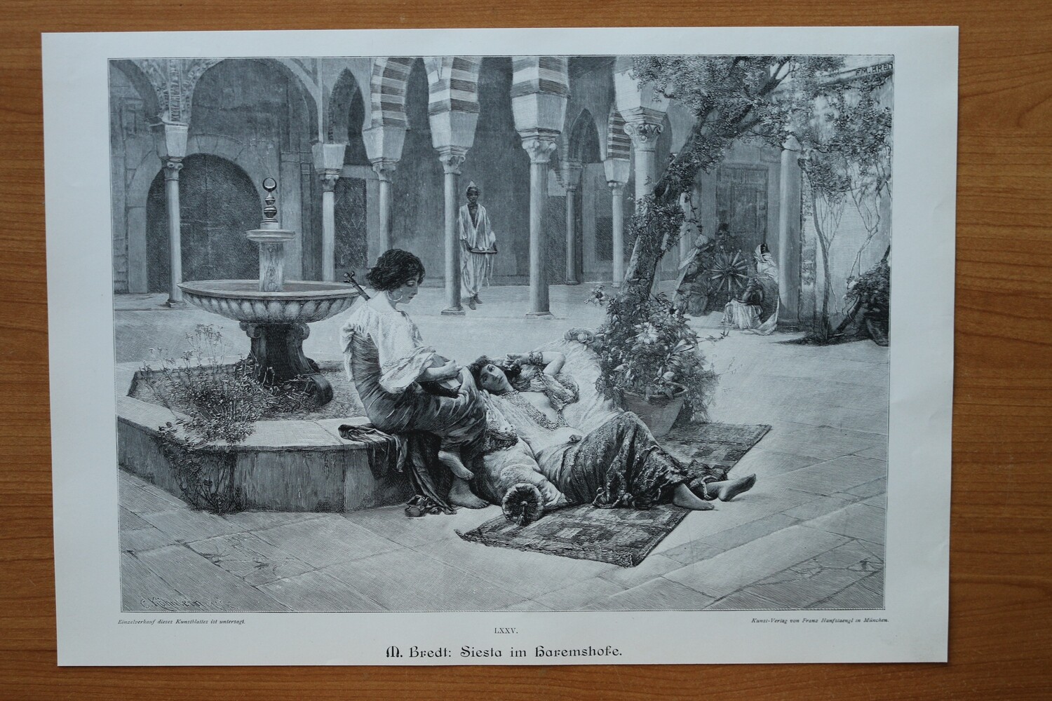 Holzstich nach M Bredt 1890-1910 Siesta im Haremshofe Harem maurische Architektur Frauen 37,5 x 26,5 cm