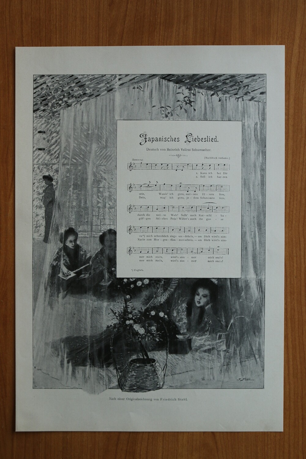 Kunst Druck nach Friedrich Stahl Liedtext von Heinrich Vollrat Schumacher 1890-1910 Japanisches Liebeslied Japonismus Japan 26 x 37,5 cm