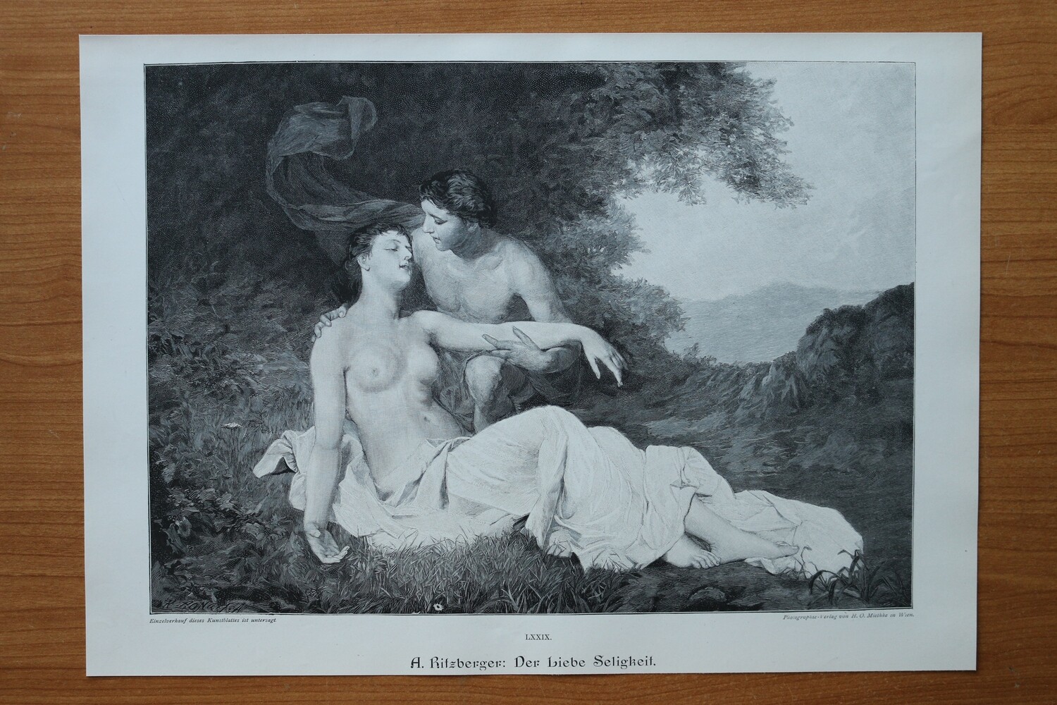 Holzstich nach A Ritzberger 1890-1910 Der Liebe Seligkeit Liebespaar Akt Frau nackt 37,5 x 26,5 cm