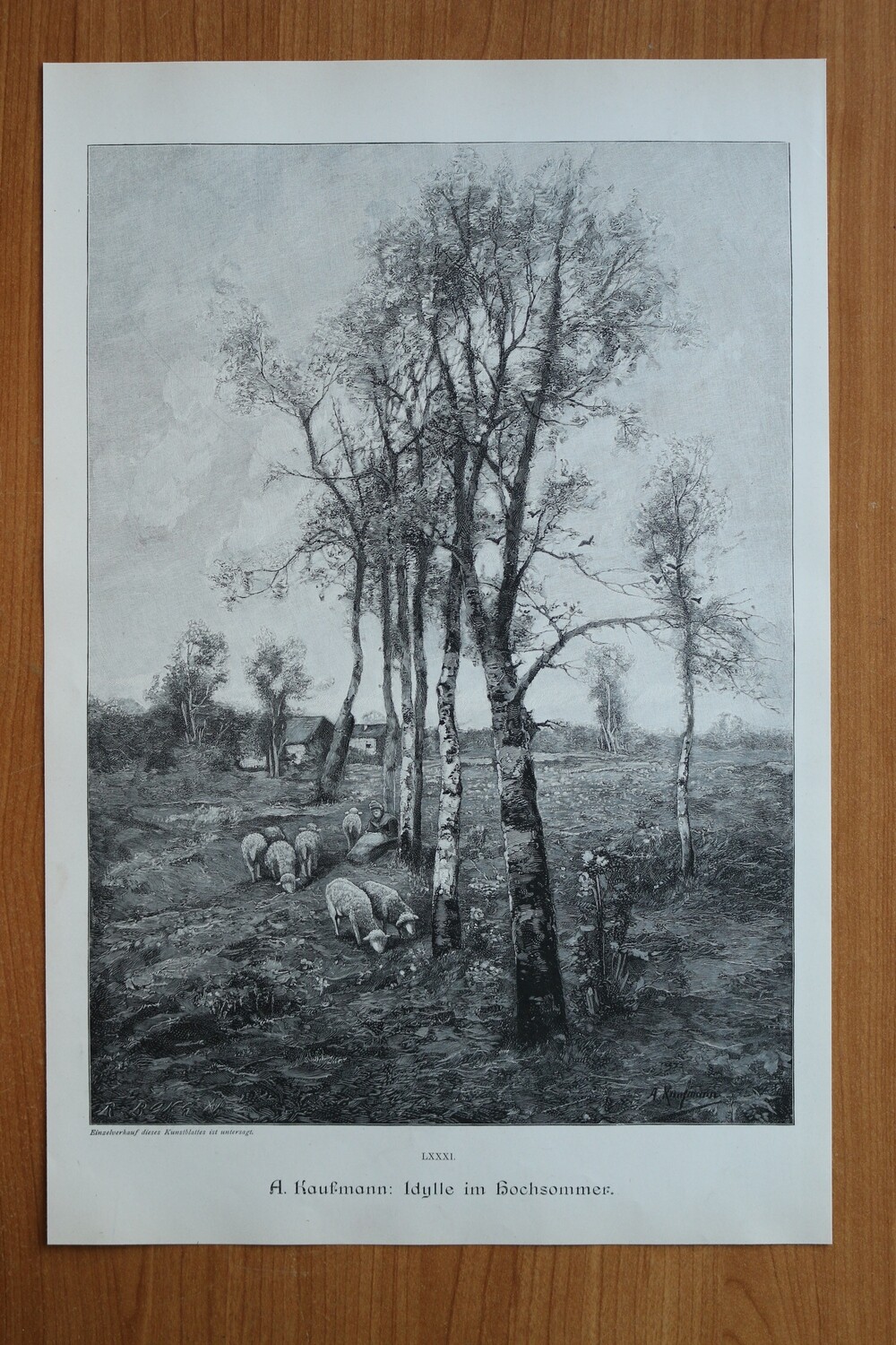 Holzstich nach A Kaufmann 1890-1910 Idylle im Hochsommer Schafe Schäfer Landschaft 25,5 x 38,5 cm