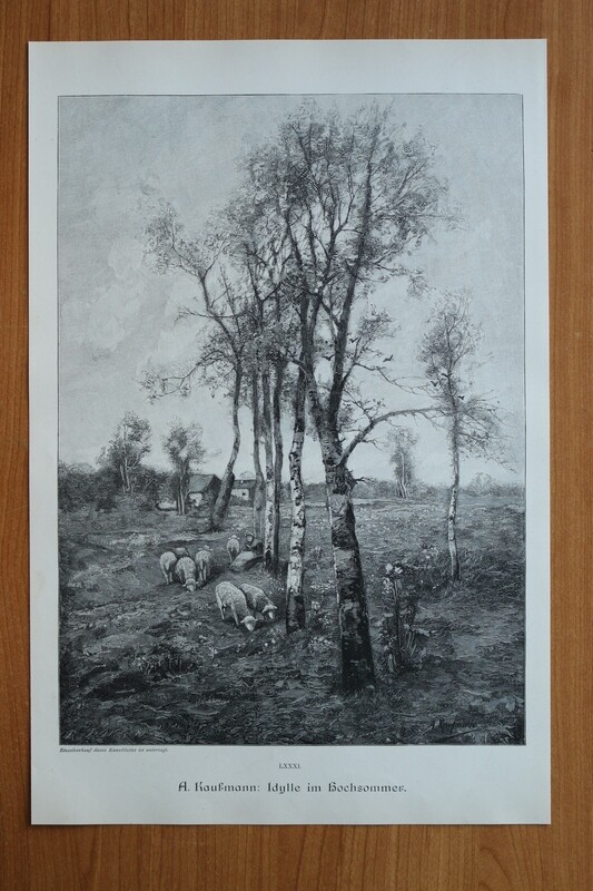 Holzstich nach A Kaufmann 1890-1910 Idylle im Hochsommer Schafe Schäfer Landschaft 25,5 x 38,5 cm