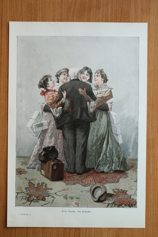 Farb Holzstich nach Fritz Gehrke 1890-1910 Der Goldonkel Geschenke Frauen Kleider Mode 26 x 38,5 cm