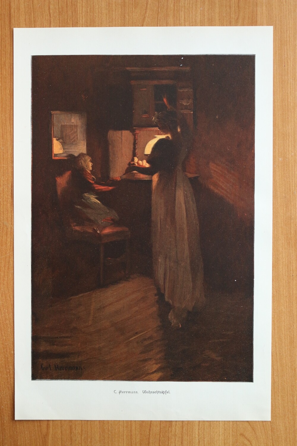 Farb Holzstich nach C urt Herrmann 1890-1910 Weihnachtsäpfel Interieur Frau Kind Weihnachten 25 x 38,5 cm