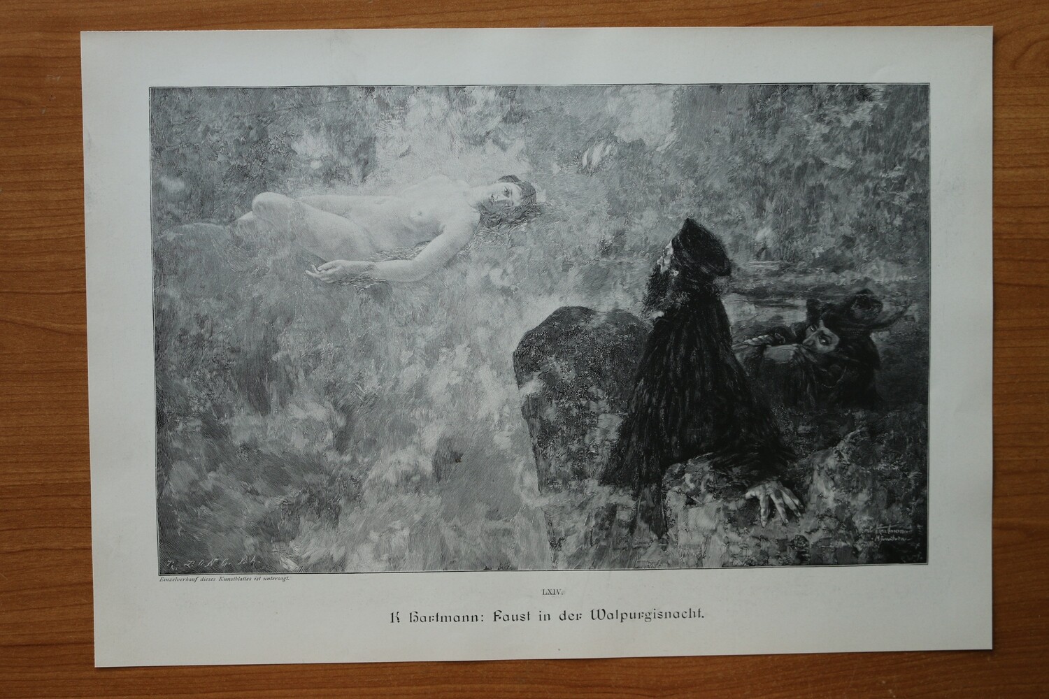 Holzstich nach Kurt Hartmann 1890-1910 Faust in der Walpurgisnacht Erscheinung Frau nackt Hexe 37,5 x 26 cm