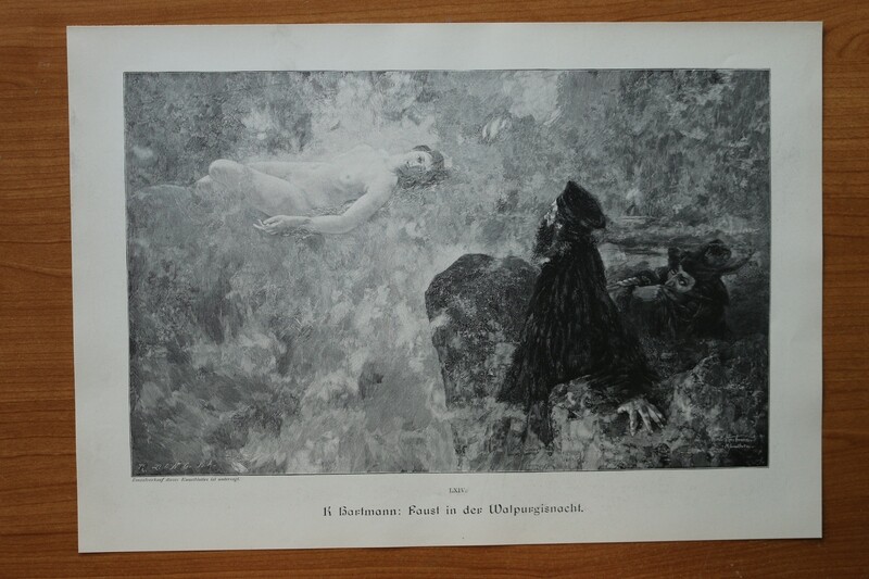Holzstich nach Kurt Hartmann 1890-1910 Faust in der Walpurgisnacht Erscheinung Frau nackt Hexe 37,5 x 26 cm