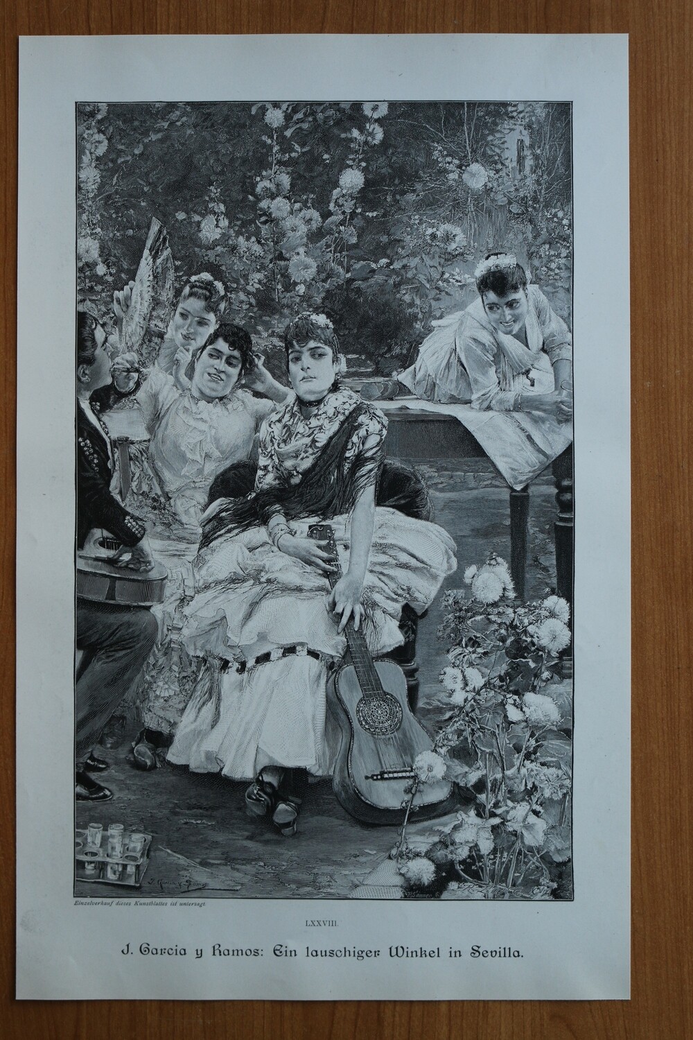 Holzstich nach J Garcia y Ramos 1890-1910 Ein lauschiger Wingel in Sevilla Spanien Frauen Gitarre Mode 24,5 x 39 cm