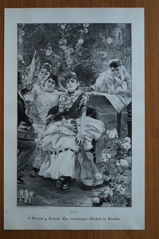 Holzstich nach J Garcia y Ramos 1890-1910 Ein lauschiger Wingel in Sevilla Spanien Frauen Gitarre Mode 24,5 x 39 cm