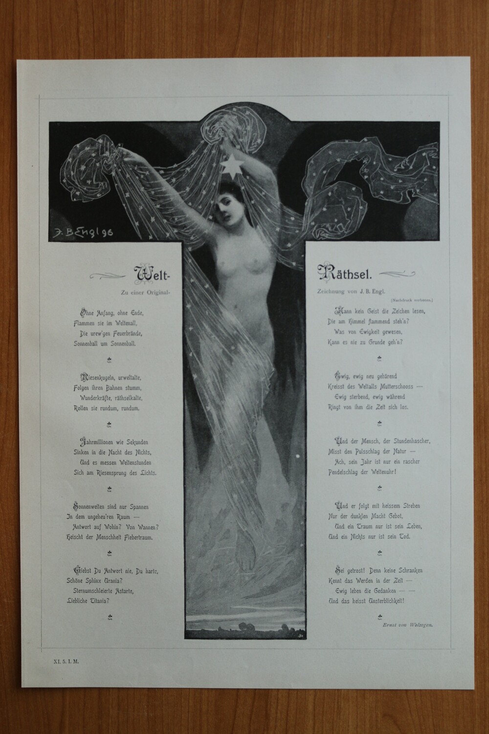 Kunst Druck nach J B Engl 1890-1910 Personifikation Allegorie der Nacht Stern Frau Akt mit Gedicht von Ernst v Wolzogen Welt Räthsel 27 x 37 cm