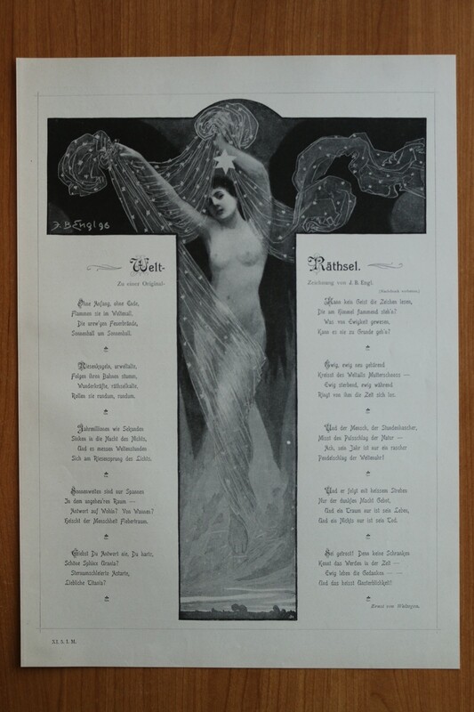 Kunst Druck nach J B Engl 1890-1910 Personifikation Allegorie der Nacht Stern Frau Akt mit Gedicht von Ernst v Wolzogen Welt Räthsel 27 x 37 cm Kunst Druck nach J B Engl 1890-1910 Personifikation Allegorie der Nacht Stern Frau Akt mit Gedicht von Ernst v Wolzogen Welt Räthsel 27 x 37 cm