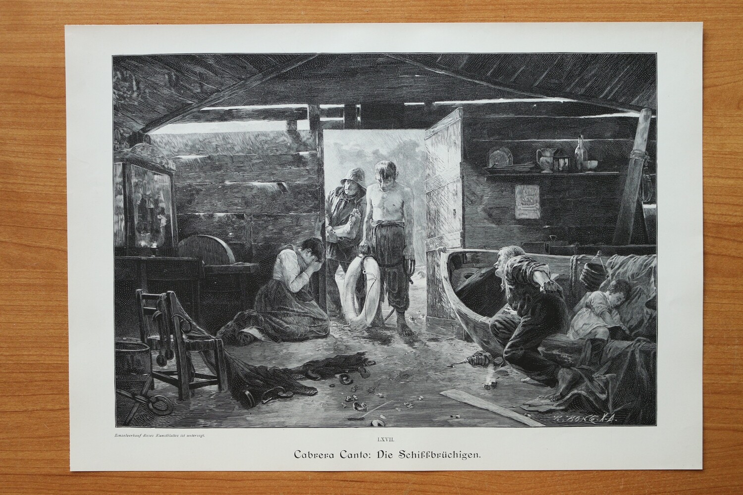 Holzstich nach Cabrera Canto 1890-1910 Die Schiffbrüchigen Rettungsring Hätte Überlebende 37,5 x 26,5 cm