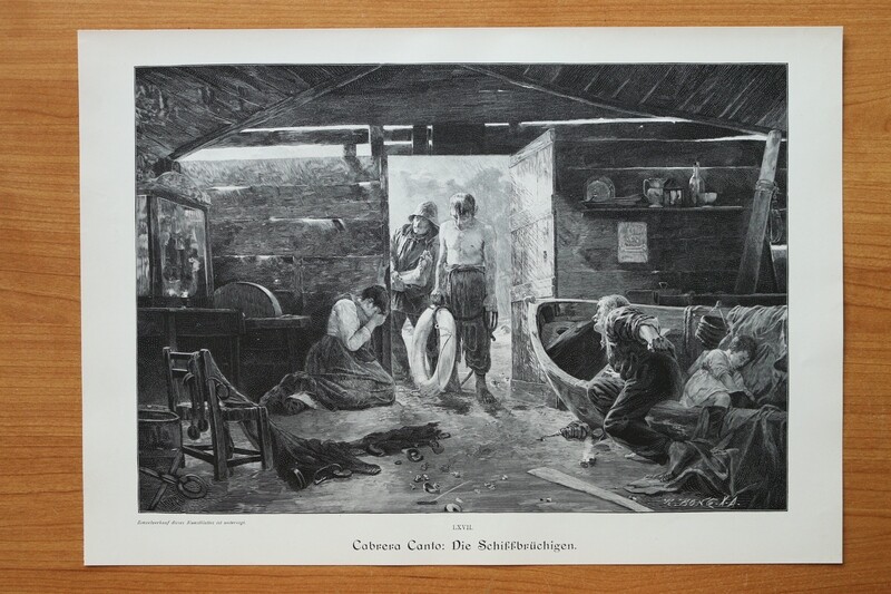 Holzstich nach Cabrera Canto 1890-1910 Die Schiffbrüchigen Rettungsring Hätte Überlebende 37,5 x 26,5 cm