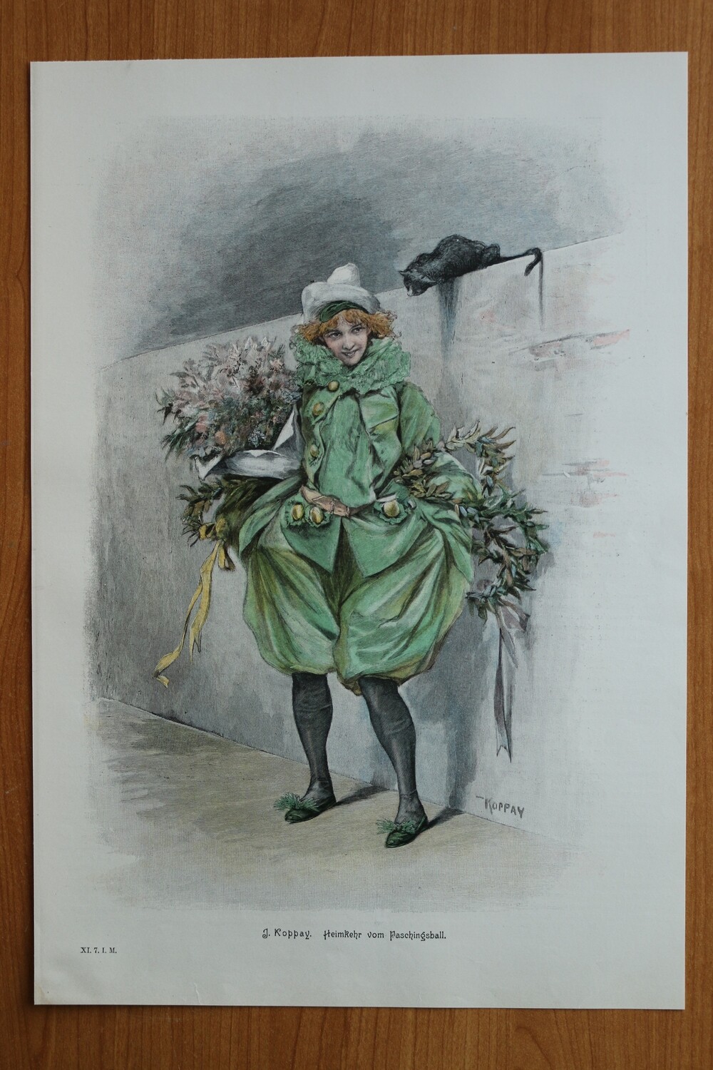 Farb Holzstich nach J Koppay 1890-1910 Heimkehr vom Faschingsball Fasching Karneval Kostüm Frau Clown Katze 26 x 38 cm