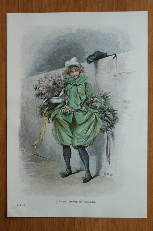Farb Holzstich nach J Koppay 1890-1910 Heimkehr vom Faschingsball Fasching Karneval Kostüm Frau Clown Katze 26 x 38 cm
