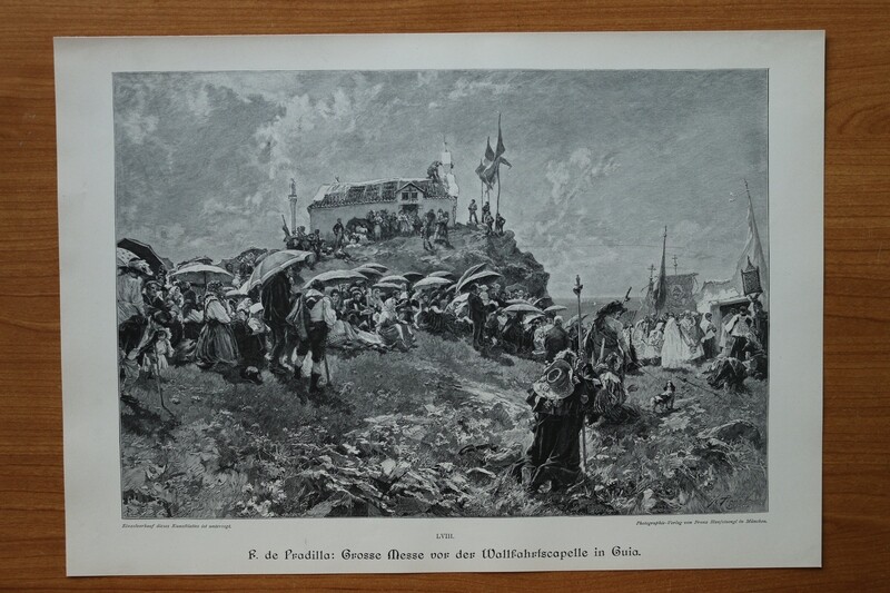 Holzstich nach F de Pradilla Spanien 1890-1910 Grosse Messe vor der Wallfahrt Kapelle in Guia Religion Tradition 37 x 26,5 cm Holzstich nach F de Pradilla Spanien 1890-1910 Grosse Messe vor der Wallfahrt Kapelle in Guia Religion Tradition 37 x 26,5 cm