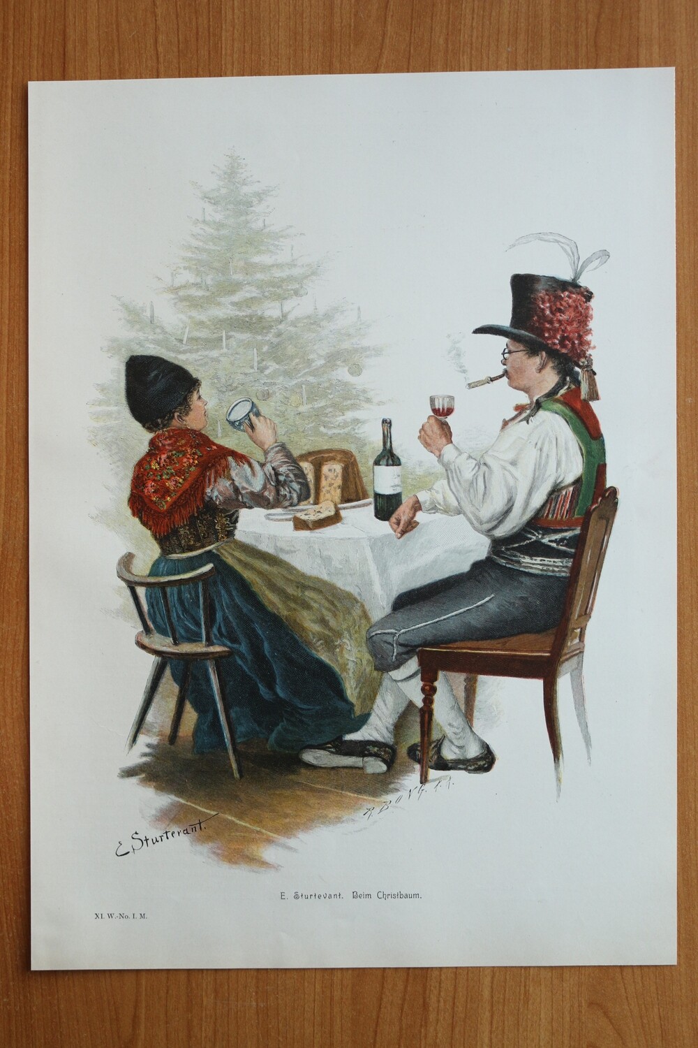 Farb Holzstich nach E Sturtevant 1890-1910 Beim Christbaum Weihnachten Tracht Essen Wein Kuchen 27 x 37,5 cm