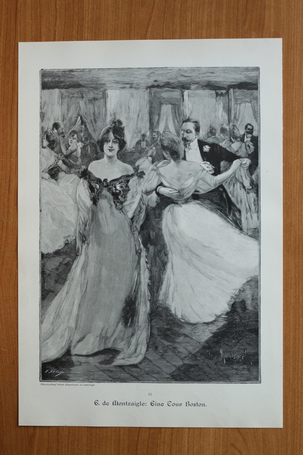 Holzstich nach E de Montzaigle 1890-1910 Eine Tour Boston USA Tanz Paare Frau Mode 25,5 x 37,5 cm