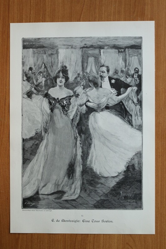 Holzstich nach E de Montzaigle 1890-1910 Eine Tour Boston USA Tanz Paare Frau Mode 25,5 x 37,5 cm