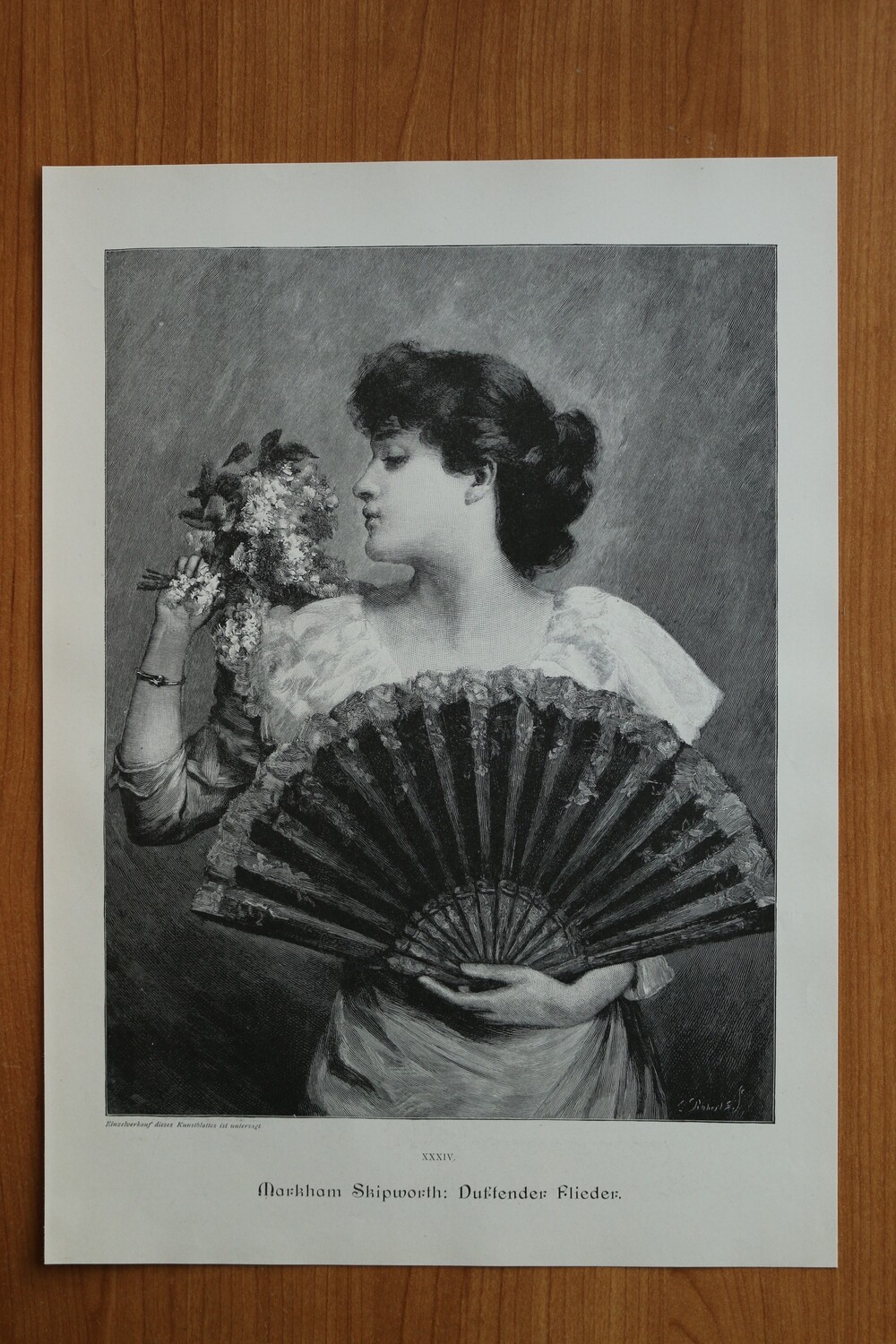 Holzstich nach Markham Skipworth 1890-1910 Duftender Flieder Frau Fächer Mode Kleid Blumen 26,5 x 37 cm