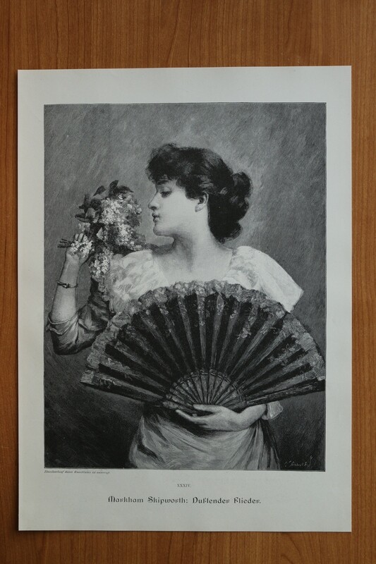 Holzstich nach Markham Skipworth 1890-1910 Duftender Flieder Frau Fächer Mode Kleid Blumen 26,5 x 37 cm