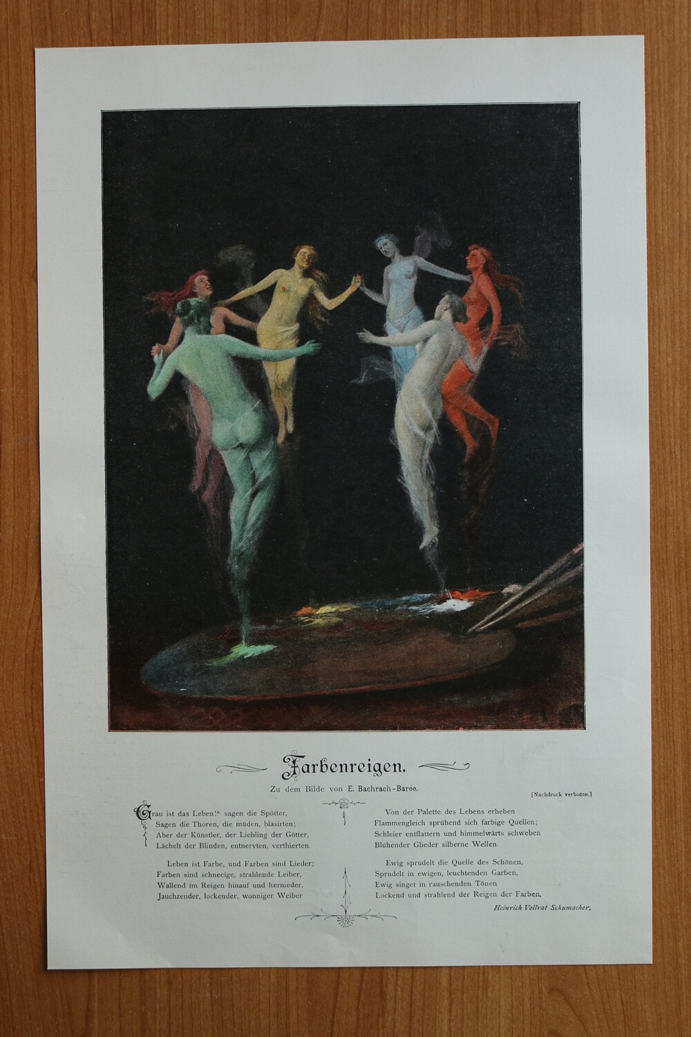 Kunst Druck nach E Bachrach Barée 1890-1910 Farbenreigen Farbe Palette Frauen Gedicht von Heinrich Vollrat Schumacher 25 x 38 cm