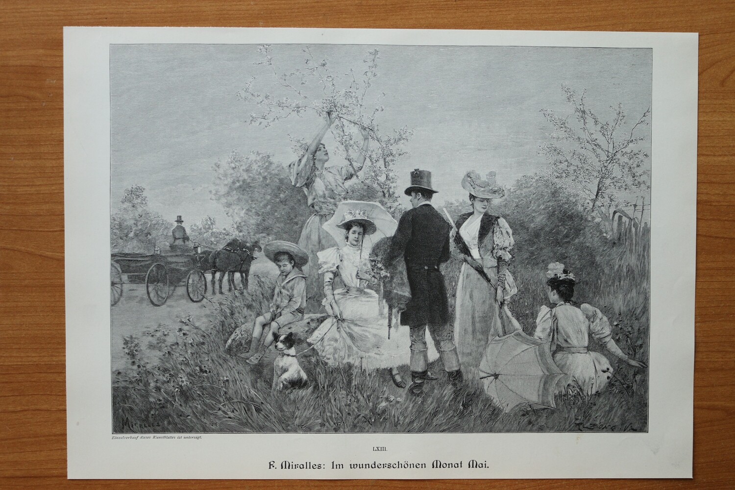 Holzstich nach F Miralles 1890-1910 Im wunderschönen Monat Mai Picknick Mode Kleidung Kutsche 37 x 26 cm