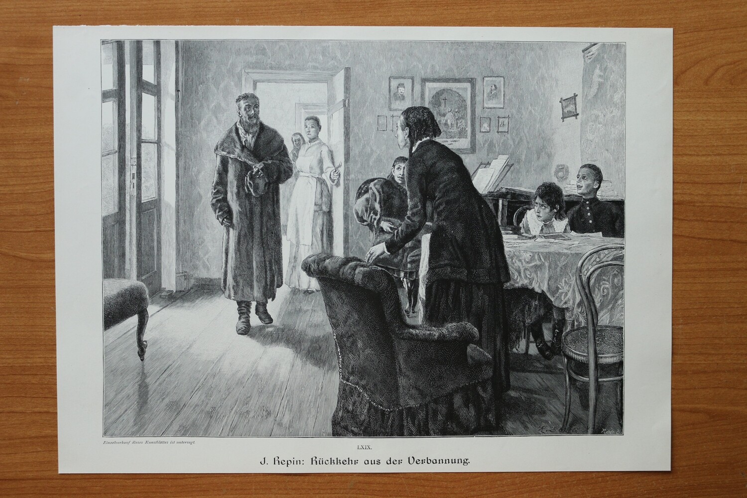 Holzstich nach J Repin 1890-1910 Rückkehr aus der Verbannung Familie 35,5 x 25,5 cm