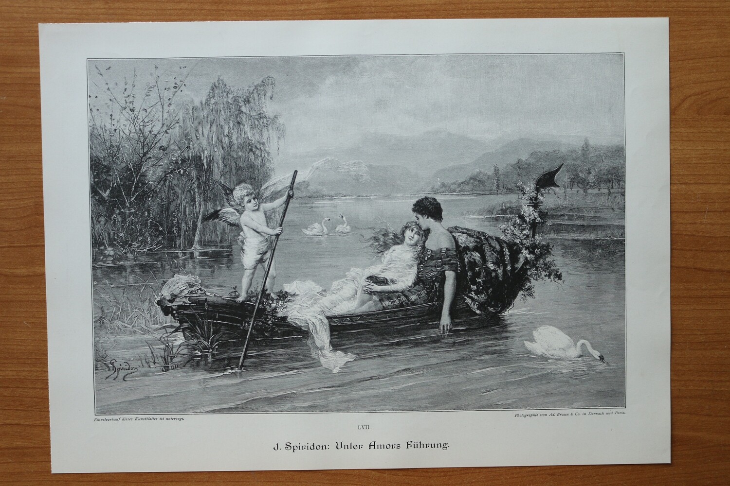 Holzstich nach J Spiridon 1890-1910 Unter Amors Führung Paar Liebespaar Schwan Boot 36,5 x 26,5 cm