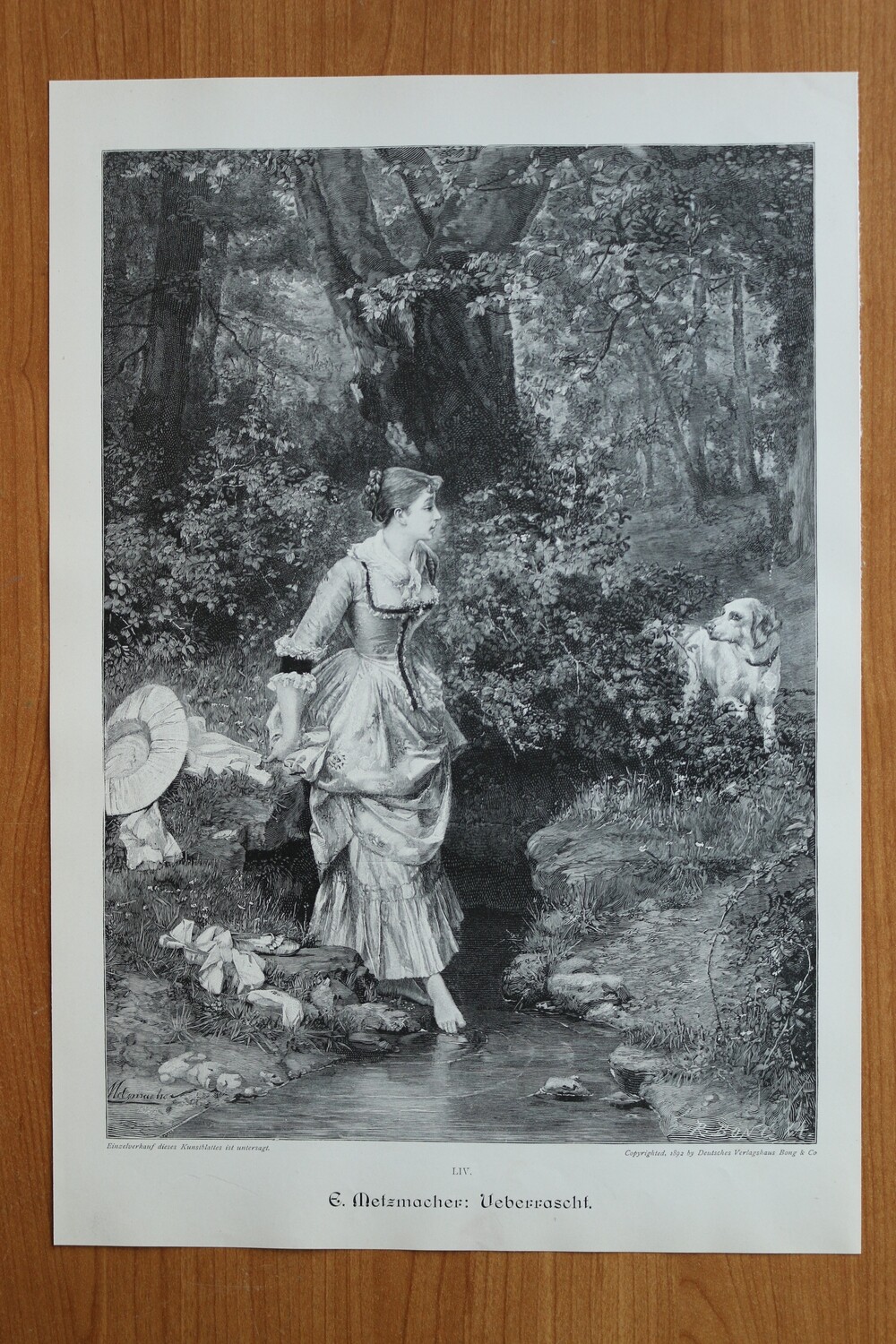 Holzstich nach E Metzmacher 1890-1910 Überrascht Frau an der Quelle Füße kühlen Hund 26 x 38 cm