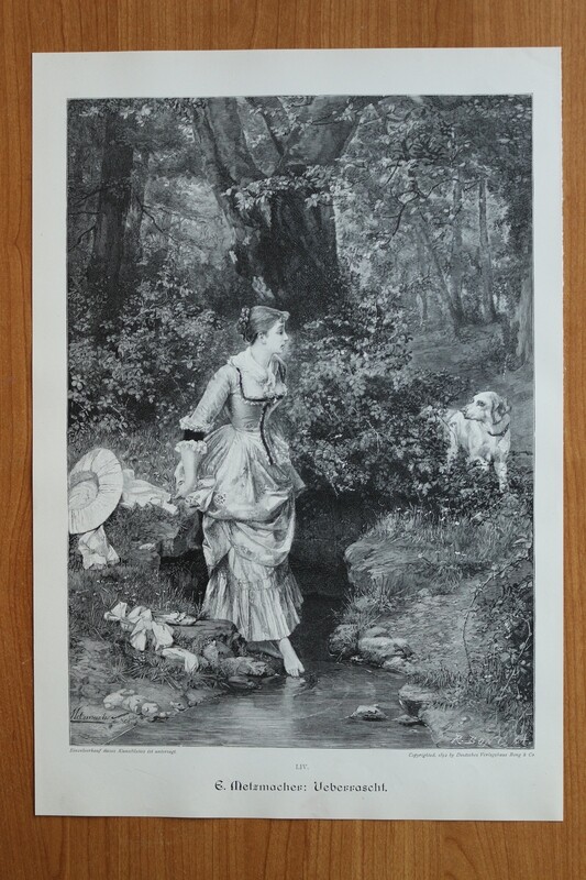 Holzstich nach E Metzmacher 1890-1910 Überrascht Frau an der Quelle Füße kühlen Hund 26 x 38 cm
