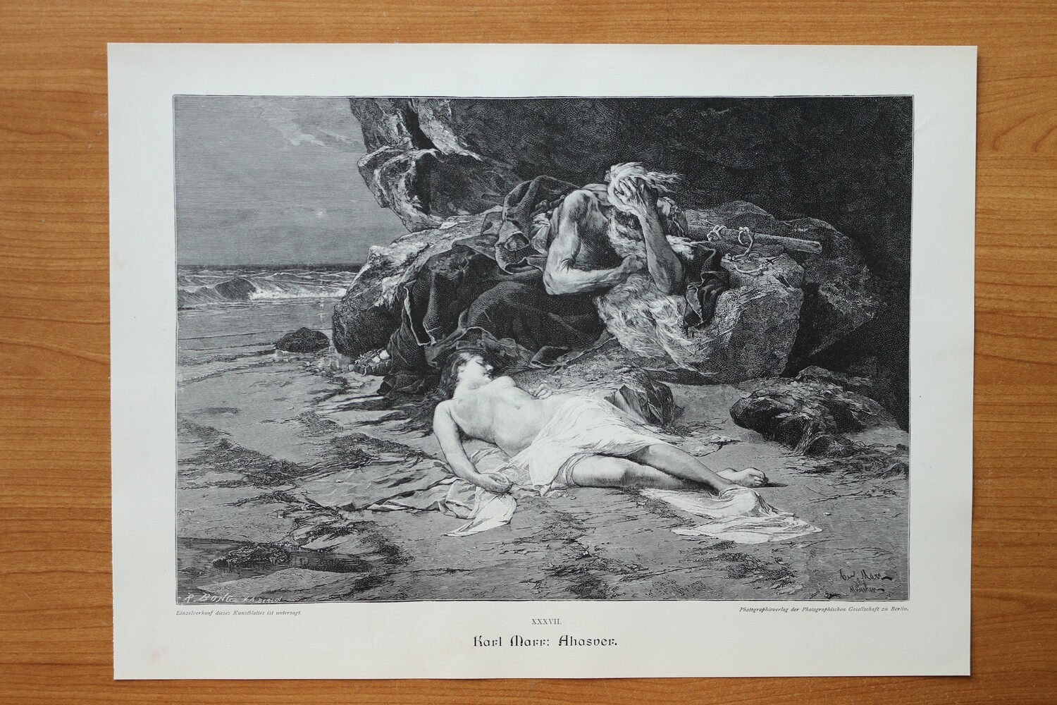 Holzstich nach Karl Marr München 1890-1910 Ahasver Mann Frau nackt am Strand Judaika 36,5 x 26,5 cm