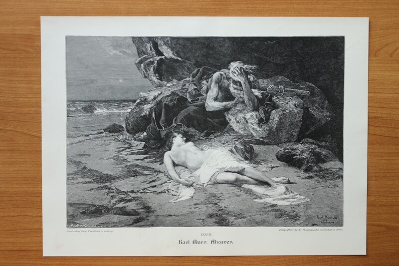 Holzstich nach Karl Marr München 1890-1910 Ahasver Mann Frau nackt am Strand Judaika 36,5 x 26,5 cm