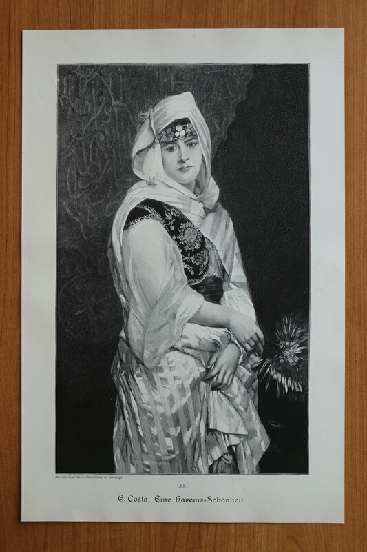 Holzstich nach G Costa 1890-1910 Eine Harem Schünheit Fau Kleidung Tracht 25 x 38,5 cm