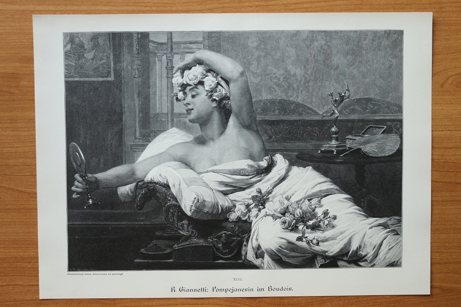 Holzstich nach R Giannetti 1890-1910 Pompejanerin im Boudoir Pompeji Italien Antike Frau 37,5 x 27 cm