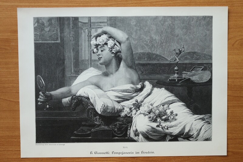 Holzstich nach R Giannetti 1890-1910 Pompejanerin im Boudoir Pompeji Italien Antike Frau 37,5 x 27 cm