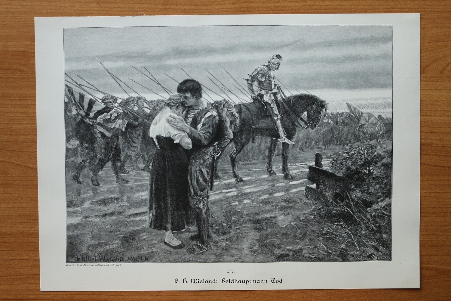 Holzstich nach Hans B Wieland 1890-1910 Feldhauptmann Tod Skelett Ritterrüstung Krieg Paar Abschied 37 x 26,5 cm