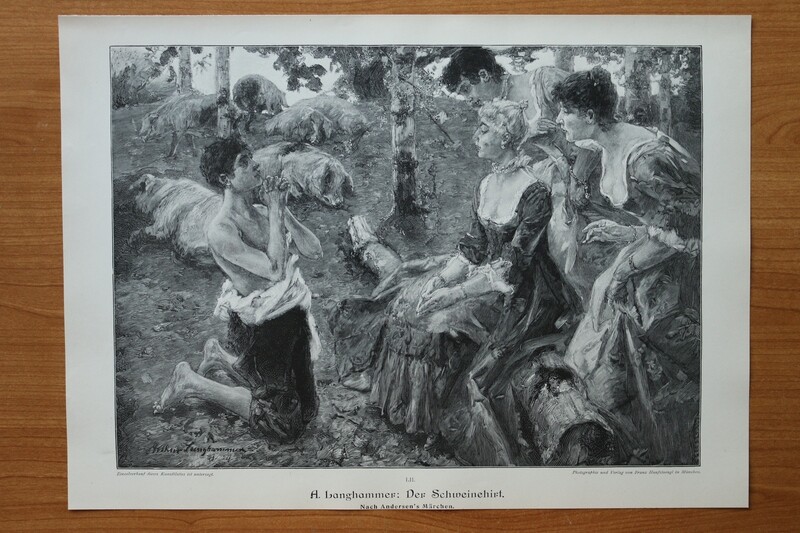 Holzstich nach Albert Langhammer 1890-1910 Der Schweinehirt Schwein schöne Frauen anbeten Mode nach Andersens Märchen 37 x 27 cm Holzstich nach Albert Langhammer 1890-1910 Der Schweinehirt Schwein schöne Frauen anbeten Mode nach Andersens Märchen 37 x 27 cm