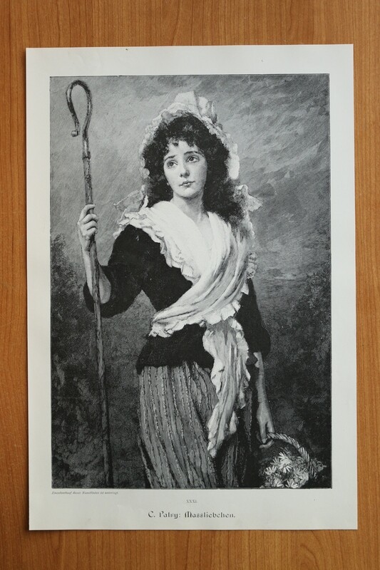 Holzstich nach C Patry 1890-1910 Massliebchen Gänseblümchen Frau Blumen Hirtenstab Kleidung 26 x 38,5 cm