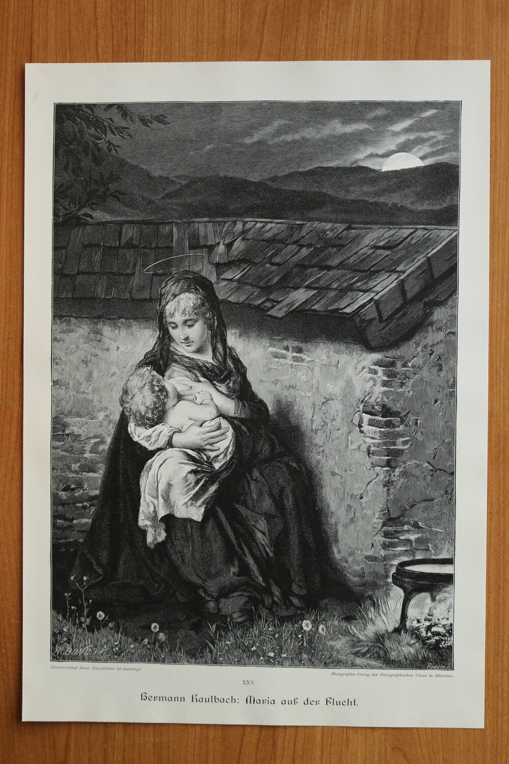 Holzstich nach Hermann Kaulbach 1890-1910 Maria auf der Flucht Jesus Kind Brust geben Religion 27 x 38 cm