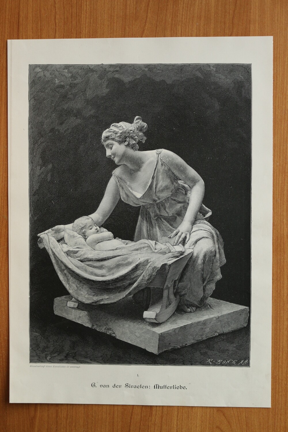 Holzstich nach g van der Straeten 1890-1910 Skulptur Mutterliebe 27,5 x 38 cm
