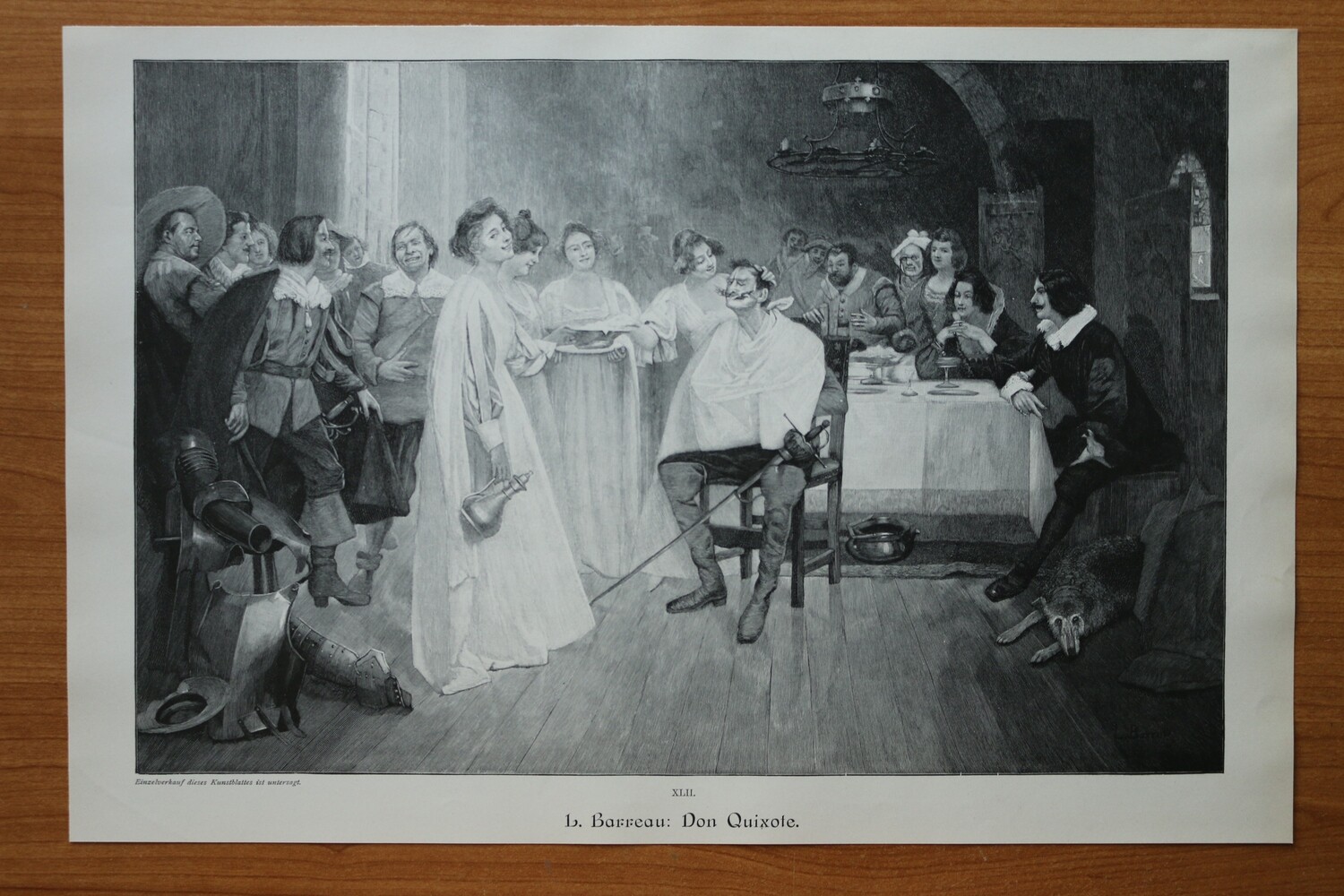 Holzstich nach L Barreau 1890-1910 Don Quixotze Quijote rasieren Frauen Rüstung Interieur 39,5 x 26,5 cm