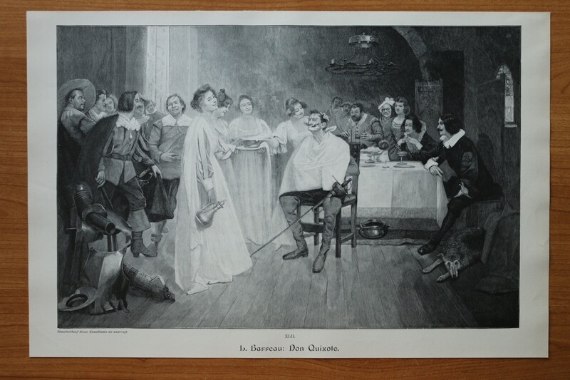 Holzstich nach L Barreau 1890-1910 Don Quixotze Quijote rasieren Frauen Rüstung Interieur 39,5 x 26,5 cm