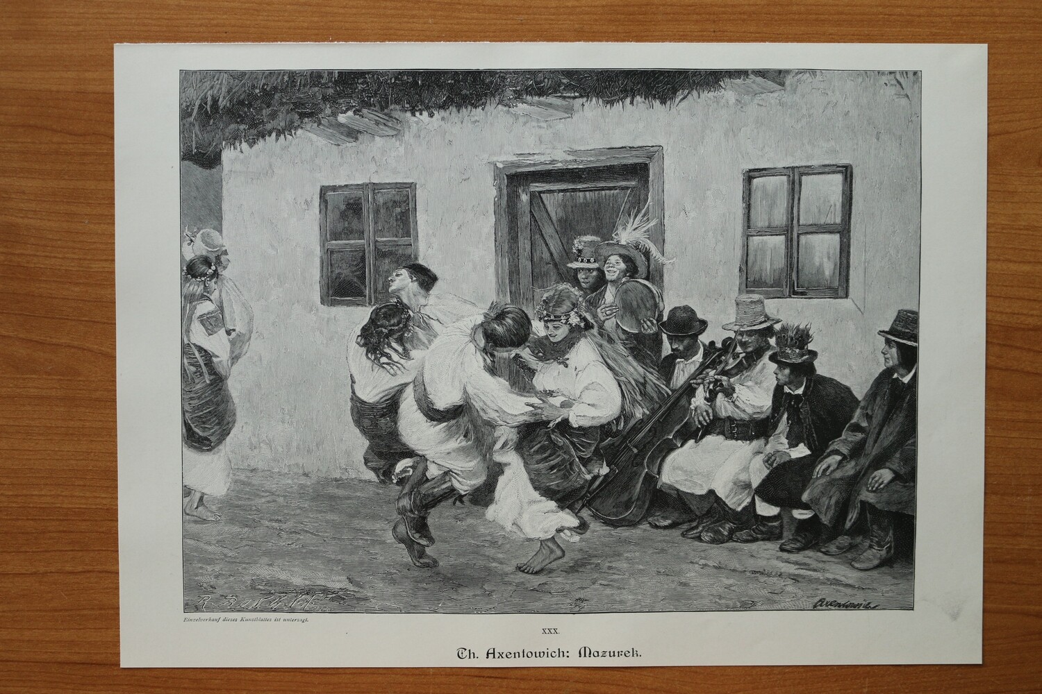 Holzstich nach Th Axentowich 1890-1910 Mazurek Polen Tanz Bauern Tracht Instrumente 36,5 x 26,5 cm