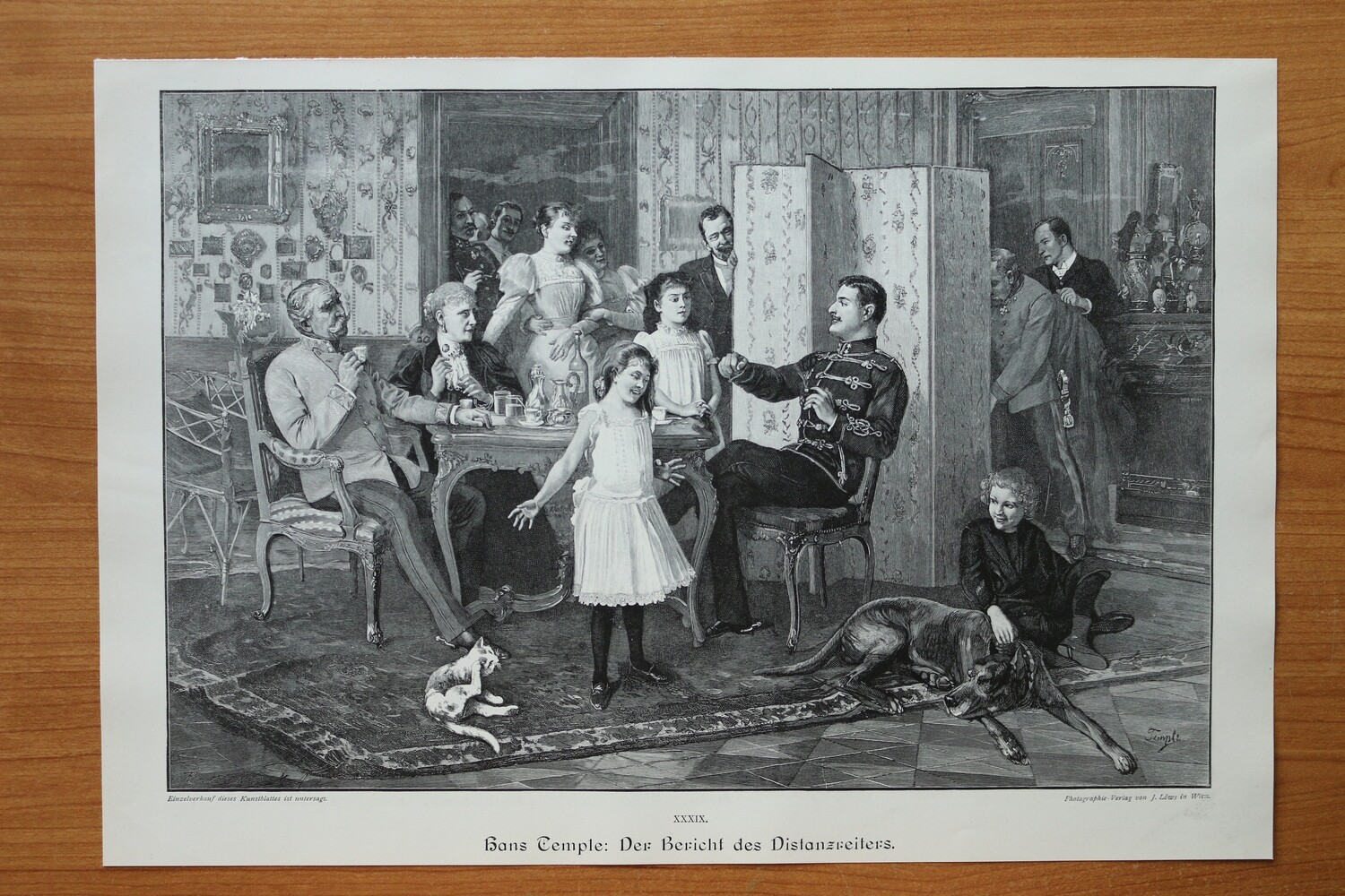 Holzstich nach Hans Temple 1890-1910 Der Bericht des Distanzreiters Husaren Uniform Hund Katze Familie 38,5 x 26,5 cm
