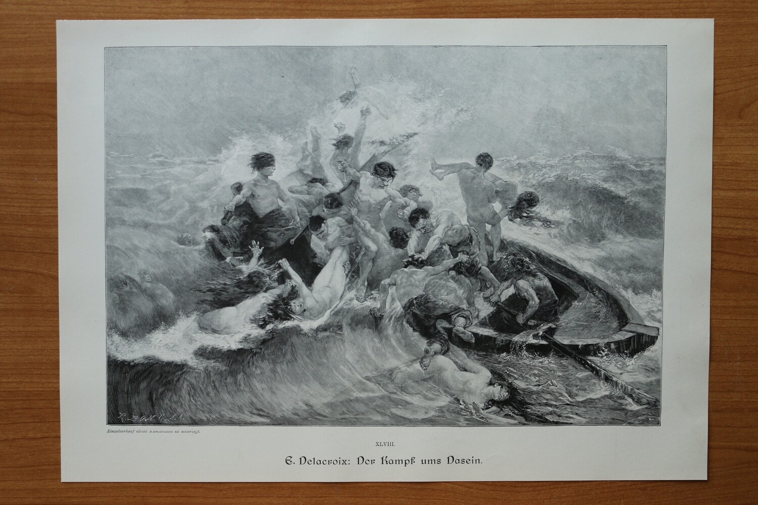 Holzstich nach E Delacroix 1890-1910 Der Kampf ums Dasein Frauen Männer Boot kentern Seenot nackt 37 x 26,5 cm