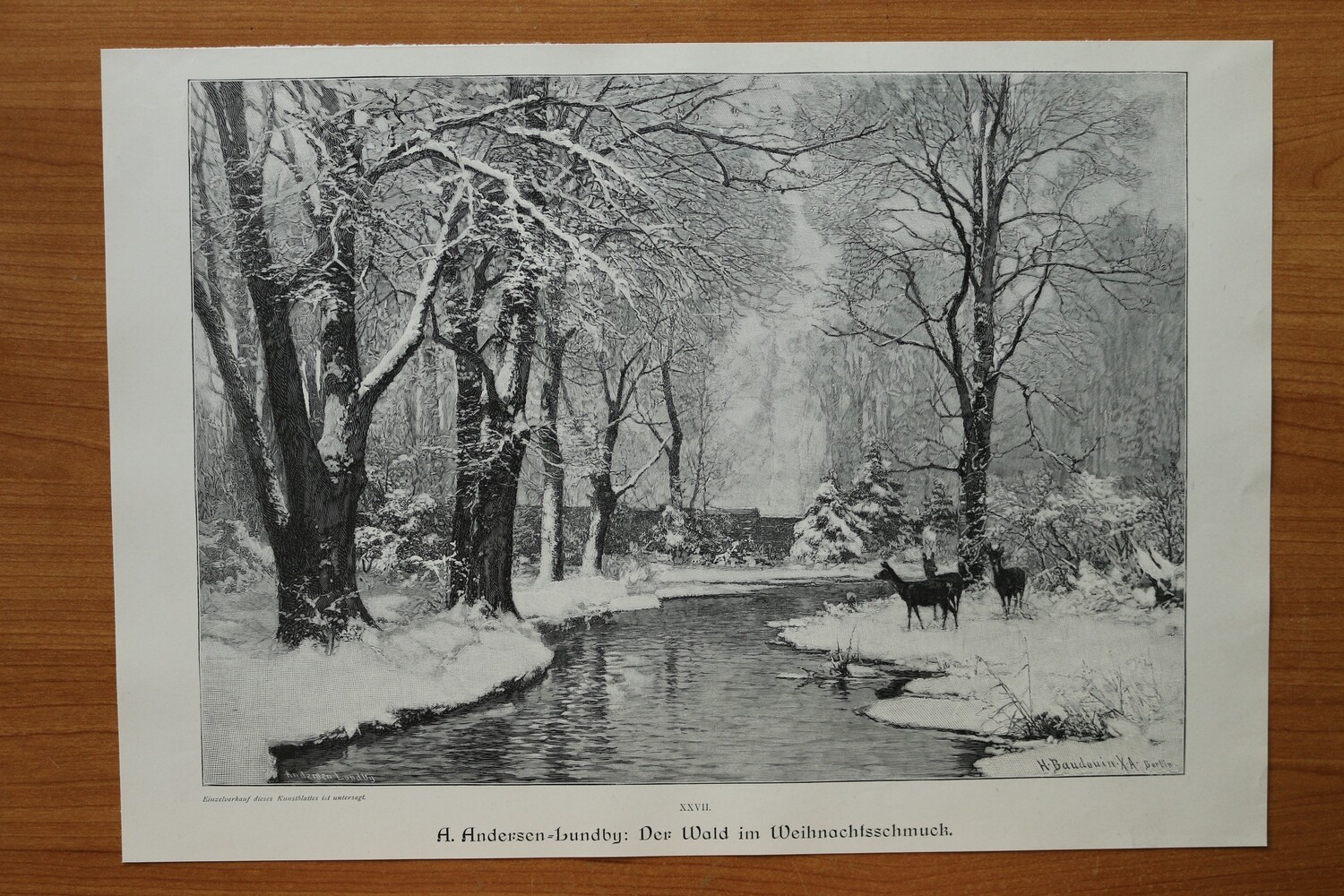 Holzstich nach A Andersen Lundby 1890-1910 Der Wald im Weihnachtsschmuck Winter Rehe Bach Landschaft 37,5 x 26 cm