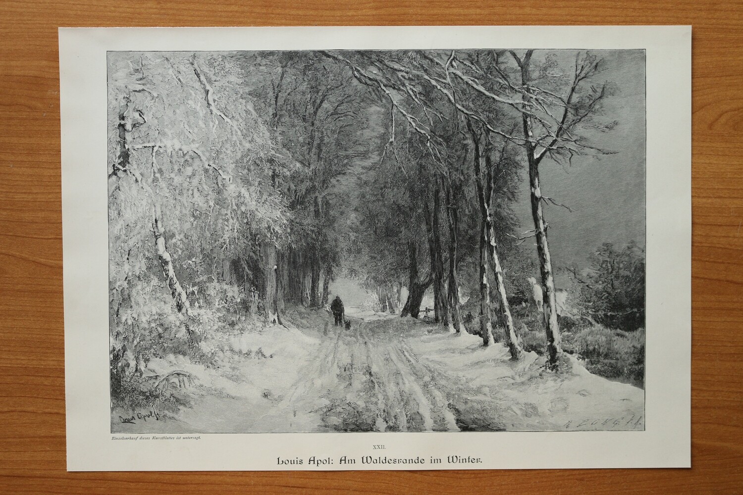Holzstich nach Louis Apol 1890-1910 Am Waldesrande im Winter Landschaft Straße 37,5 x 26,5 cm