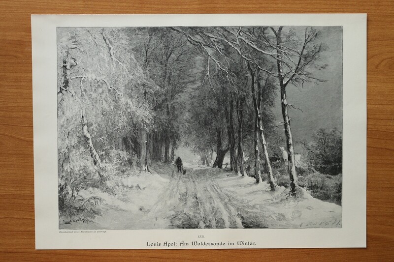 Holzstich nach Louis Apol 1890-1910 Am Waldesrande im Winter Landschaft Straße 37,5 x 26,5 cm