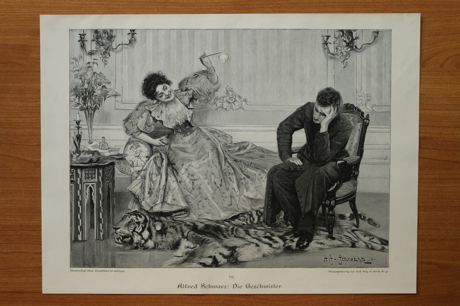 Holzstich nach Alfred Schwarz 1890-1910 Die Geschwister Mann Frau Kleidung Mode necken 36,5 x 27 cm